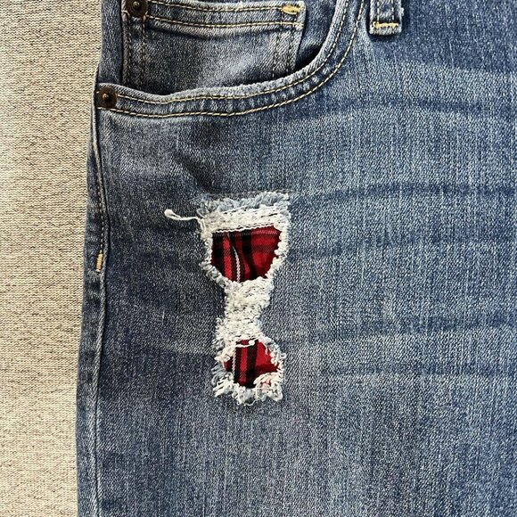 Gap Jeans Womens Legging Sz 12 Distressed Plaid Patches Medium Wash Denim - Picture 4 of 15